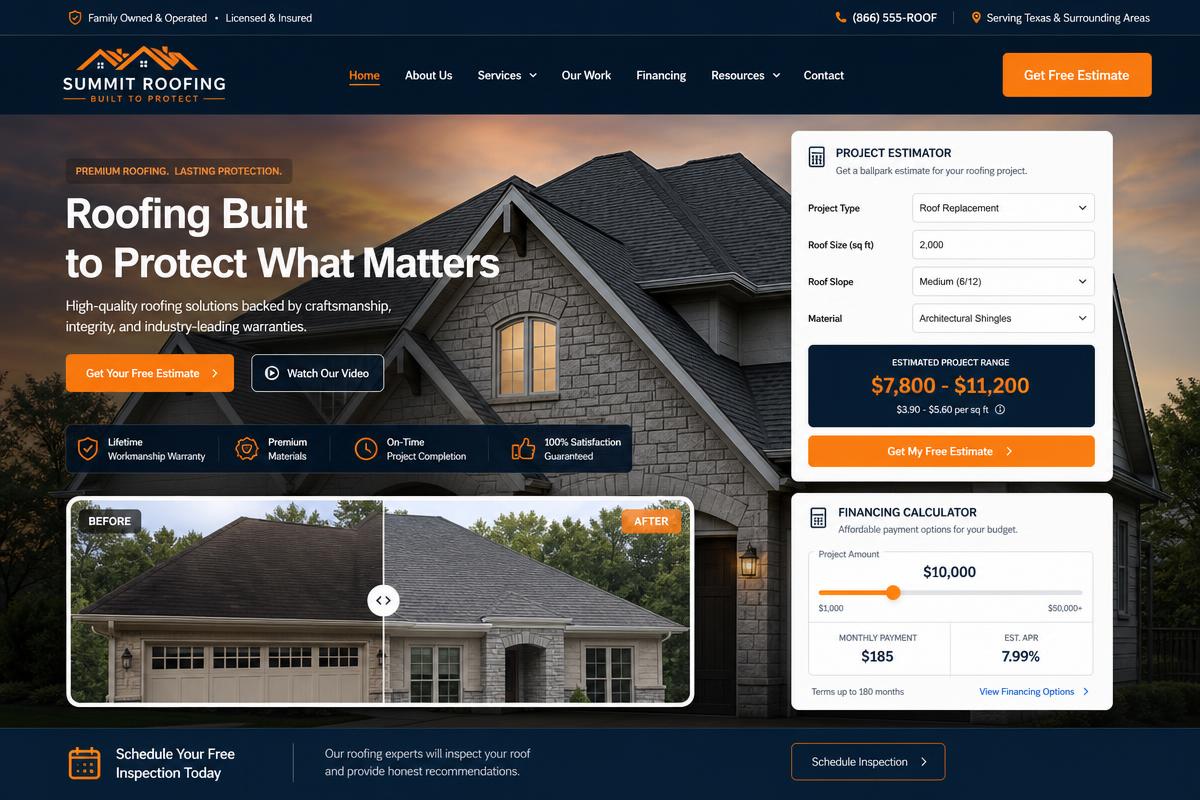 Roofing Company Website Template showing an interactive estimator, financing calculator, and before/after comparison